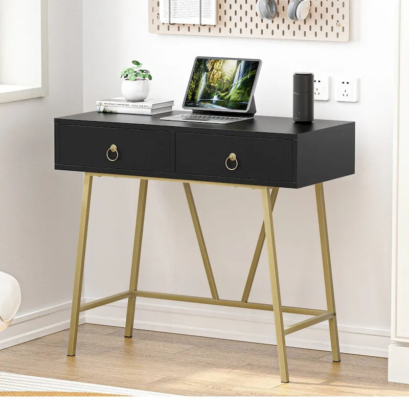 Modern Two-Drawer Writing Desk with Metal Legs for Home Office