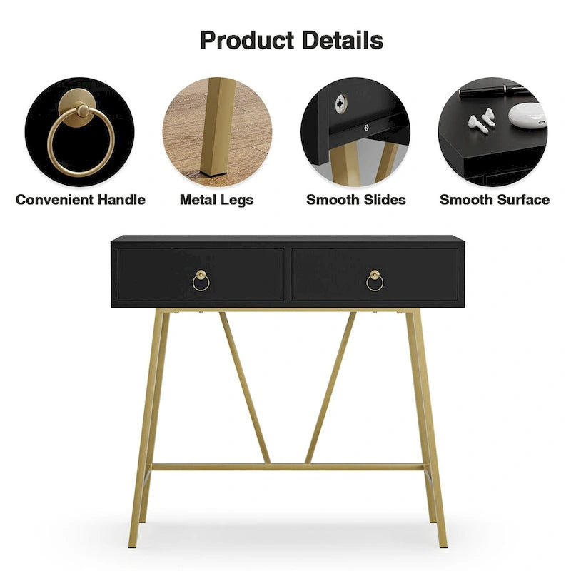 Modern Two-Drawer Writing Desk with Metal Legs for Home Office