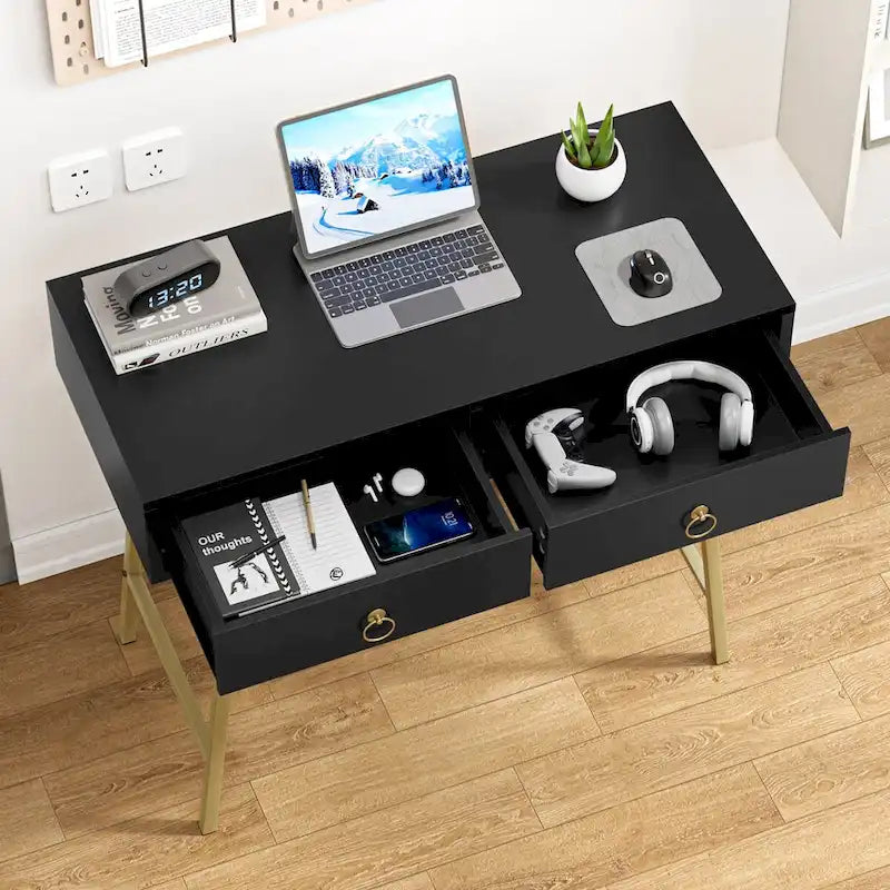Modern Two-Drawer Writing Desk with Metal Legs for Home Office