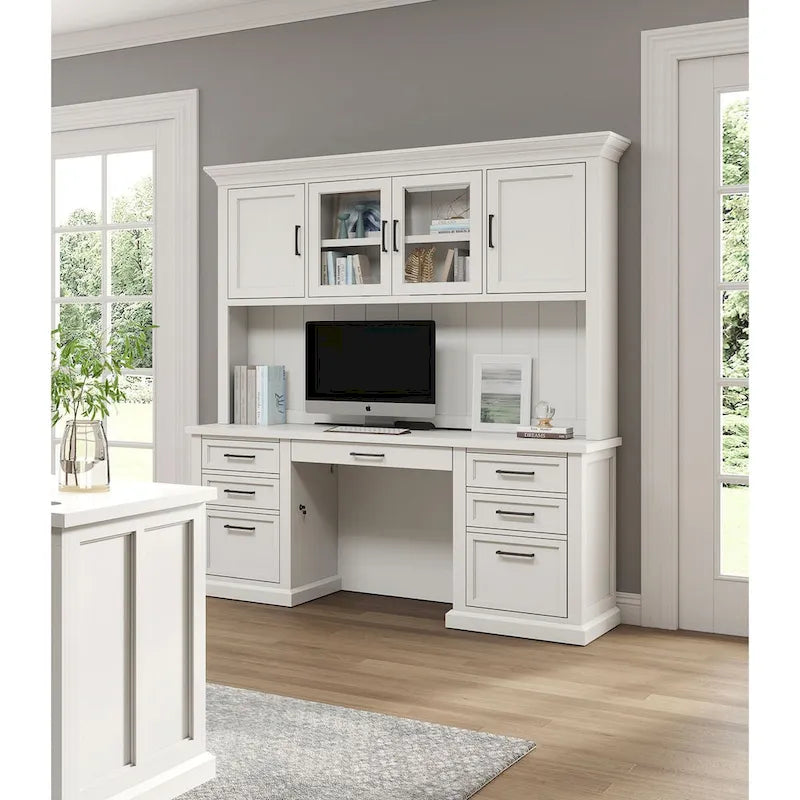 Modern Wood Hutch With Doors and Desk, Storage Hutch and Credenza, Office Storage, Fully Assembled, White