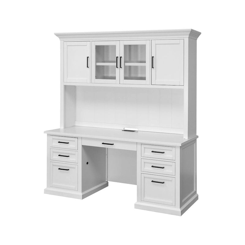 Modern White Wood Storage Hutch with Doors and Desk