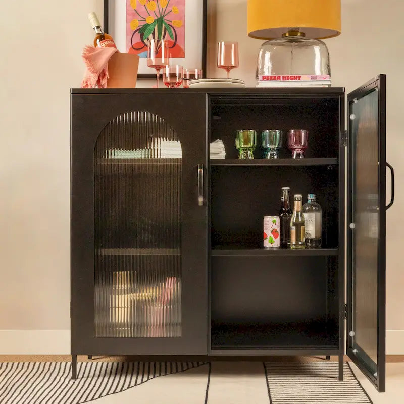 Modern Metal Display Cabinet with Arched Glass Doors in Two Colors