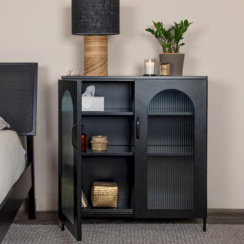 Modern Metal Display Cabinet with Arched Glass Doors in Two Colors
