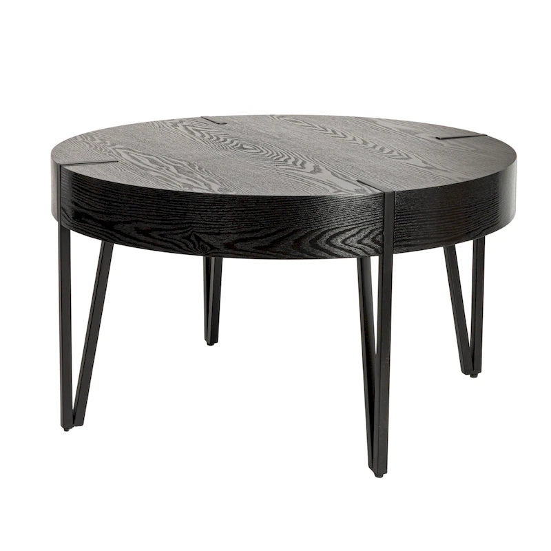 Ronde accenttafel van samengesteld hout met zwarte metalen haarspeldpoten