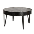 Ronde accenttafel van samengesteld hout met zwarte metalen haarspeldpoten