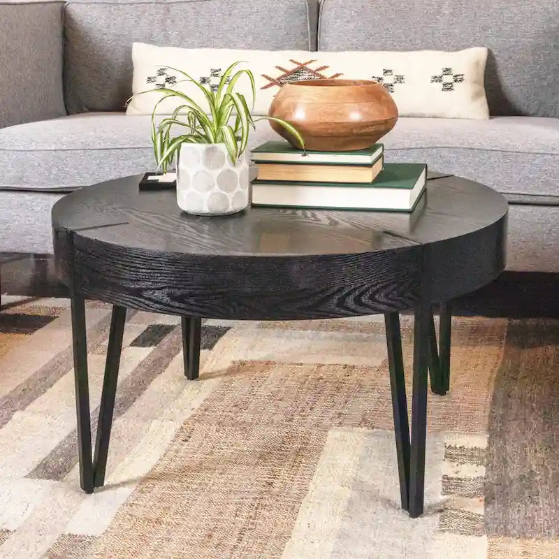 Round Engineered Wood Accent Table with Black Metal Hairpin Legs