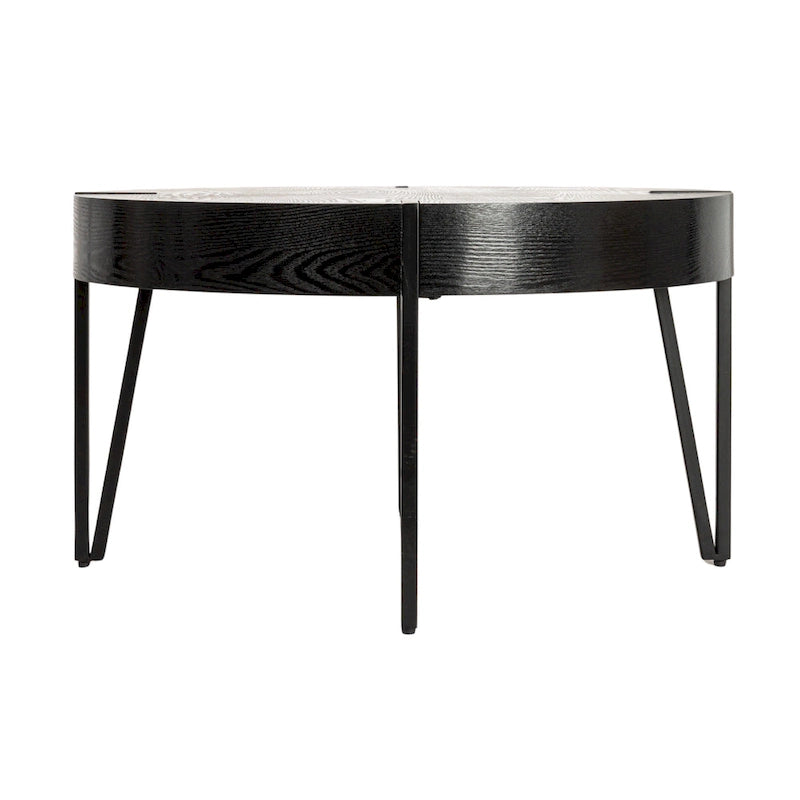 Ronde accenttafel van samengesteld hout met zwarte metalen haarspeldpoten