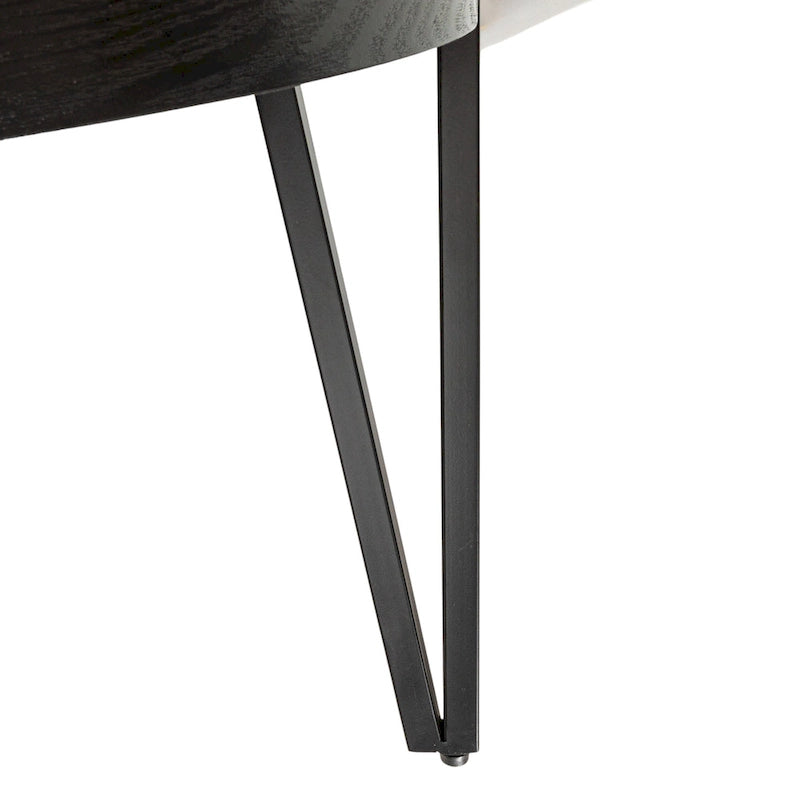 Ronde accenttafel van samengesteld hout met zwarte metalen haarspeldpoten