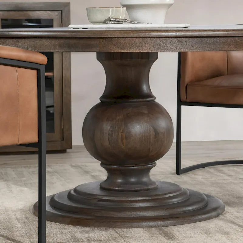 Cocoa Brown Round Pedestal Dining Table in Solid Mango Wood for Six