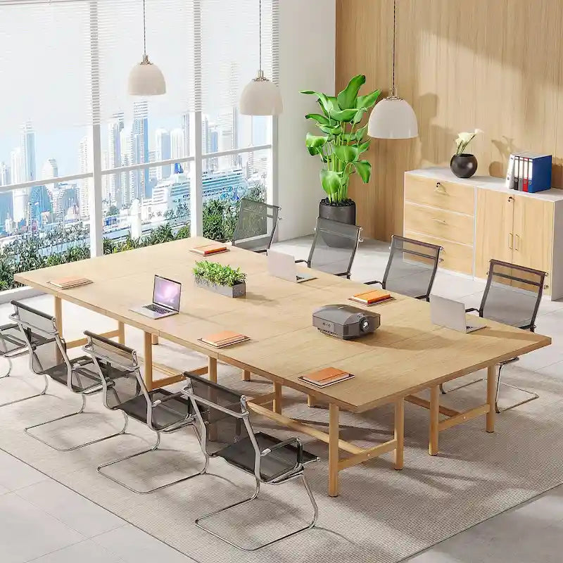 Moderater rechteckiger Konferenztisch mit natürlicher Holzmaserung, Besprechungstisch mit Metallgestell