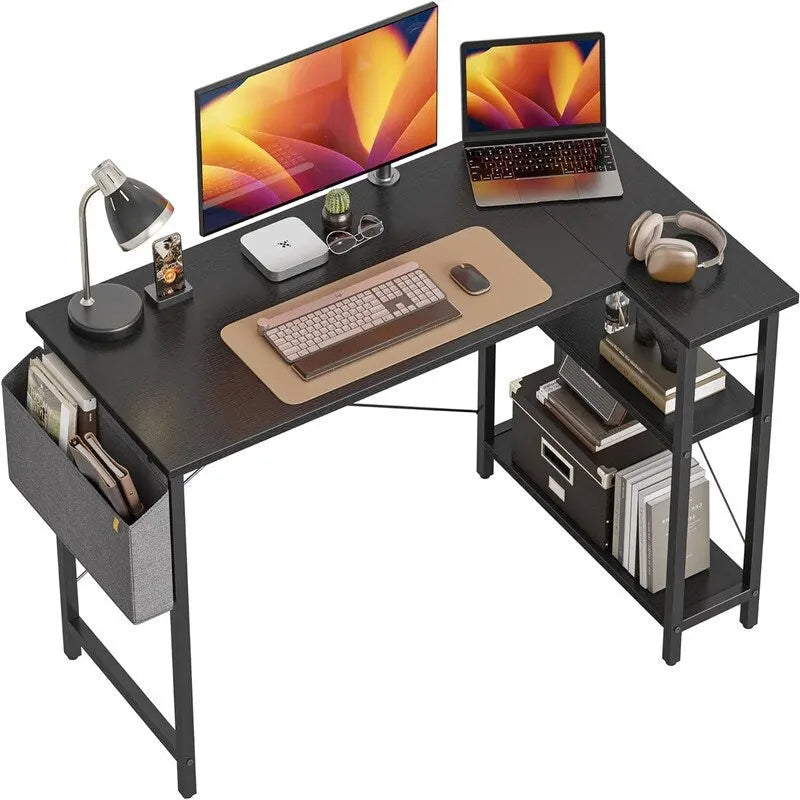 L Shaped Corner Computer Desk with Storage Shelves and Bag