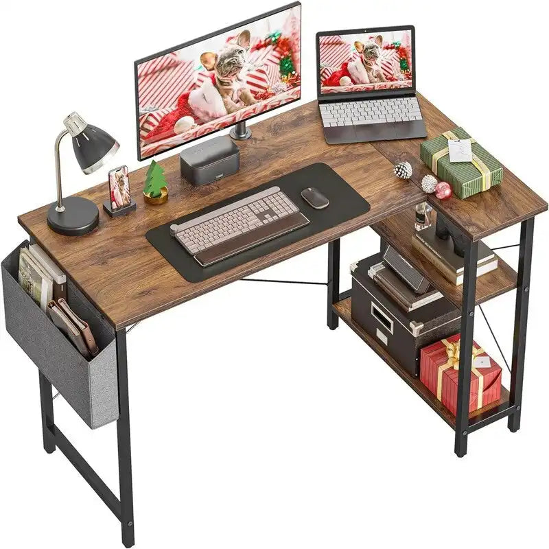 L Shaped Corner Computer Desk with Storage Shelves and Bag