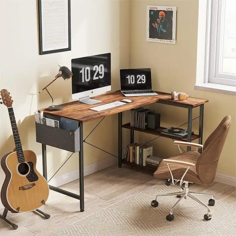 L Shaped Corner Computer Desk with Storage Shelves and Bag