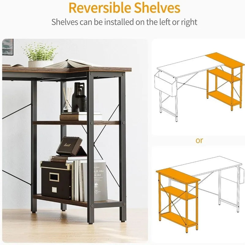 L Shaped Corner Computer Desk with Storage Shelves and Bag