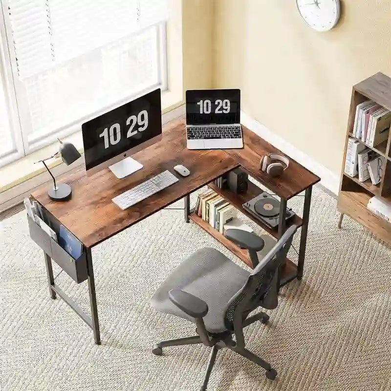 L Shaped Corner Computer Desk with Storage Shelves and Bag