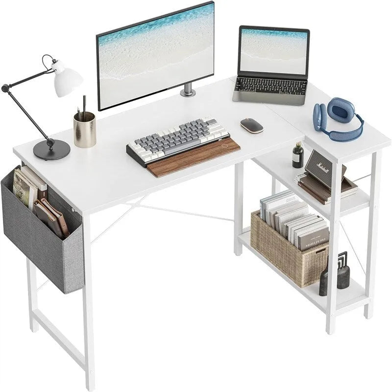 L Shaped Corner Computer Desk with Storage Shelves and Bag