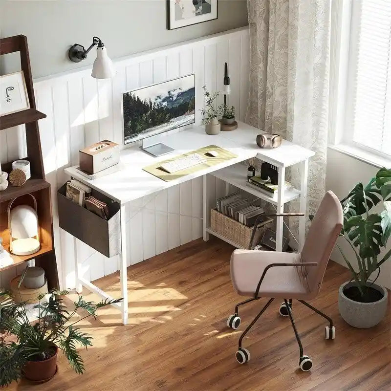 L Shaped Corner Computer Desk with Storage Shelves and Bag