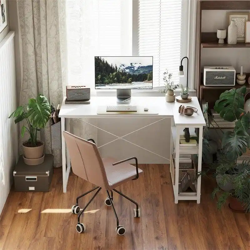L Shaped Corner Computer Desk with Storage Shelves and Bag