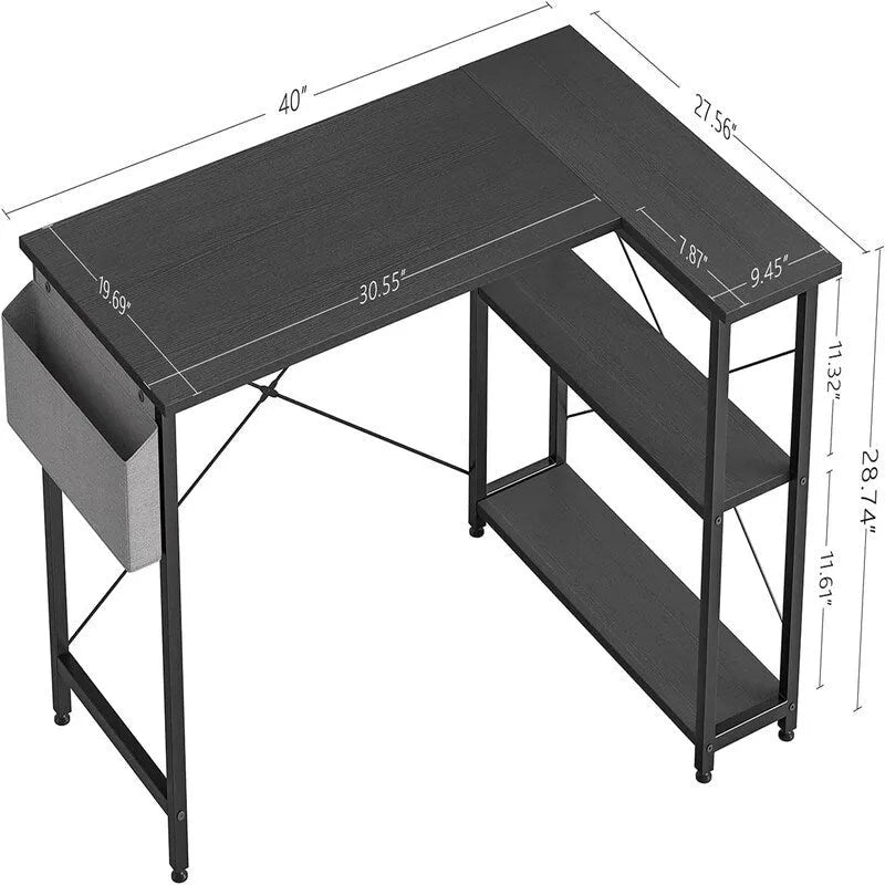L Shaped Corner Computer Desk with Storage Shelves and Bag
