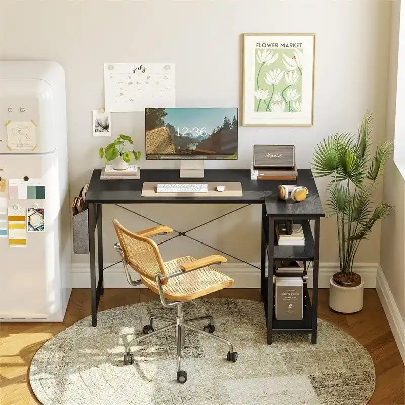 L Shaped Corner Computer Desk with Storage Shelves and Bag