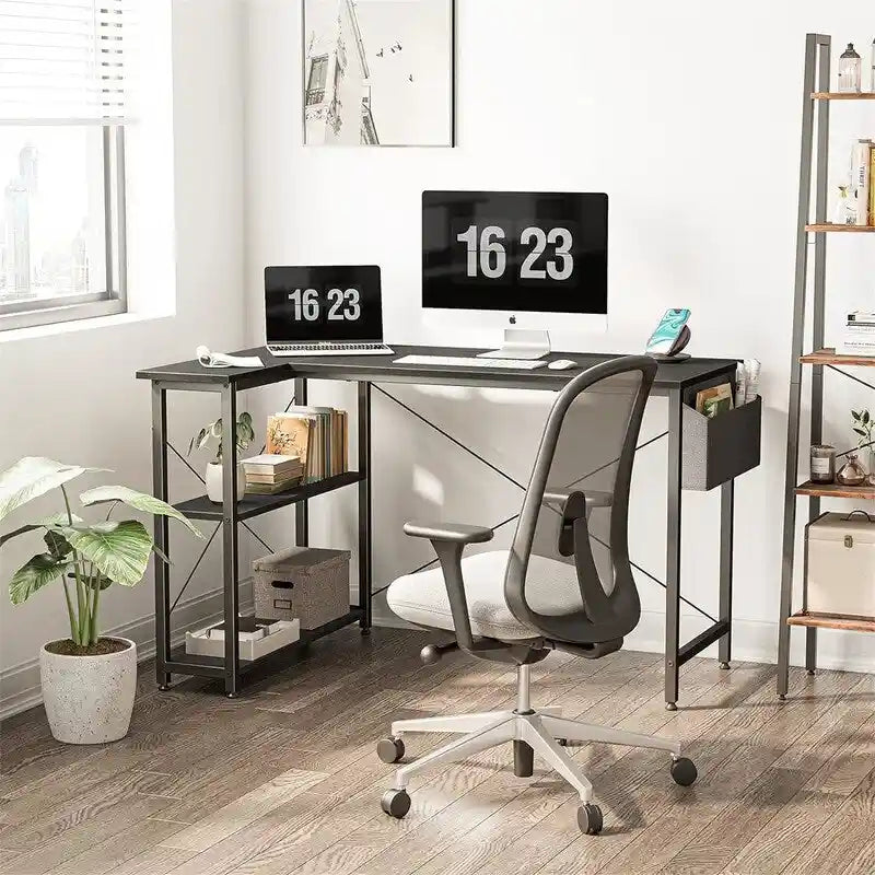 L Shaped Corner Computer Desk with Storage Shelves and Bag