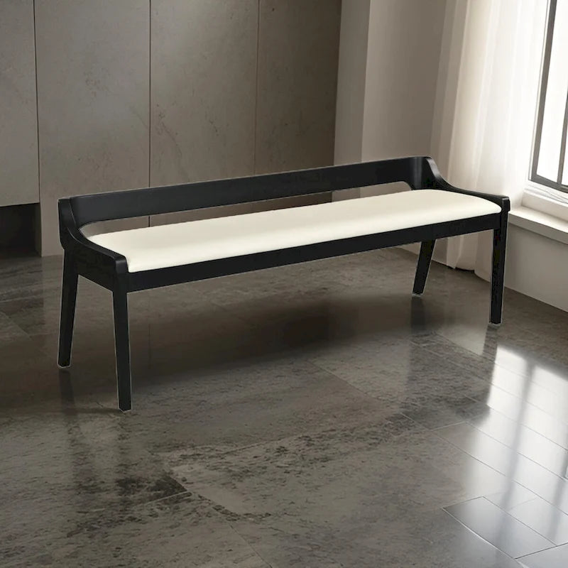 Black Rubberwood Dining Bench with Cream Faux Leather Seat, Low Back