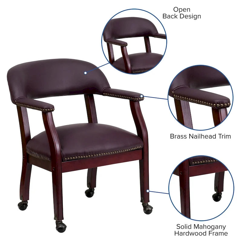 Burgundy Leather Reception Conference Chair with Nailhead Trim and Casters