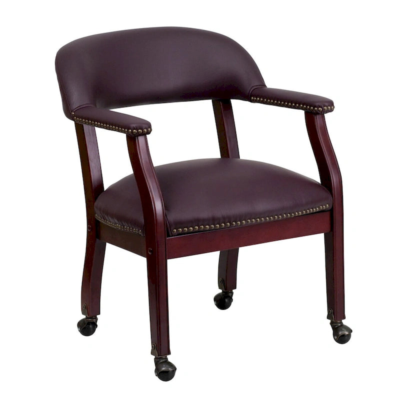 Burgundy Leather Reception Conference Chair with Nailhead Trim and Casters