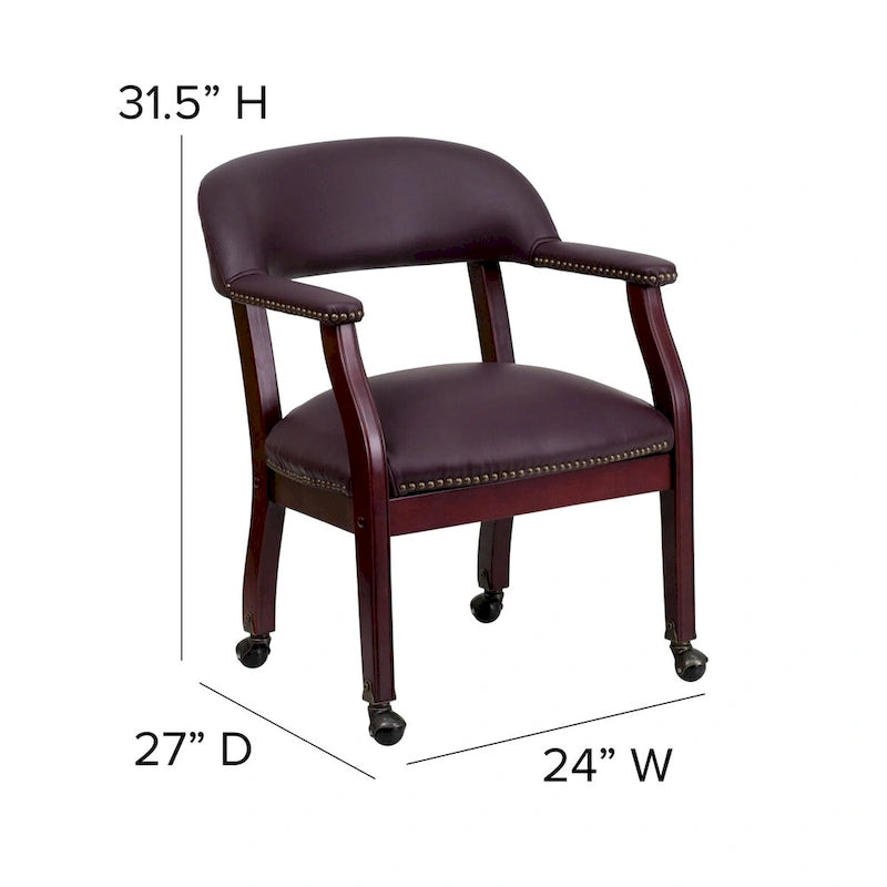 Burgundy Leather Reception Conference Chair with Nailhead Trim and Casters
