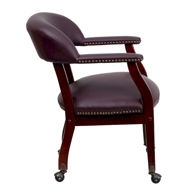 Burgundy Leather Reception Conference Chair with Nailhead Trim and Casters
