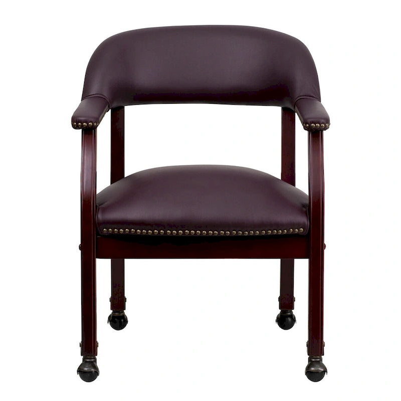 Burgundy Leather Reception Conference Chair with Nailhead Trim and Casters