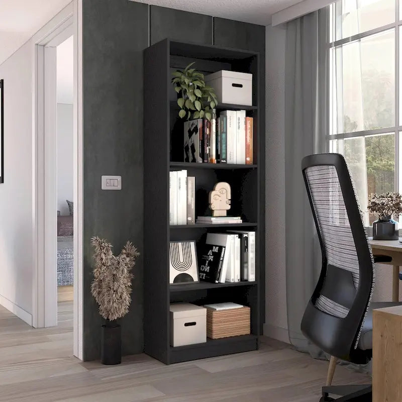 Black Four-Tier Bookcase with Lower Storage Shelf in Engineered Wood