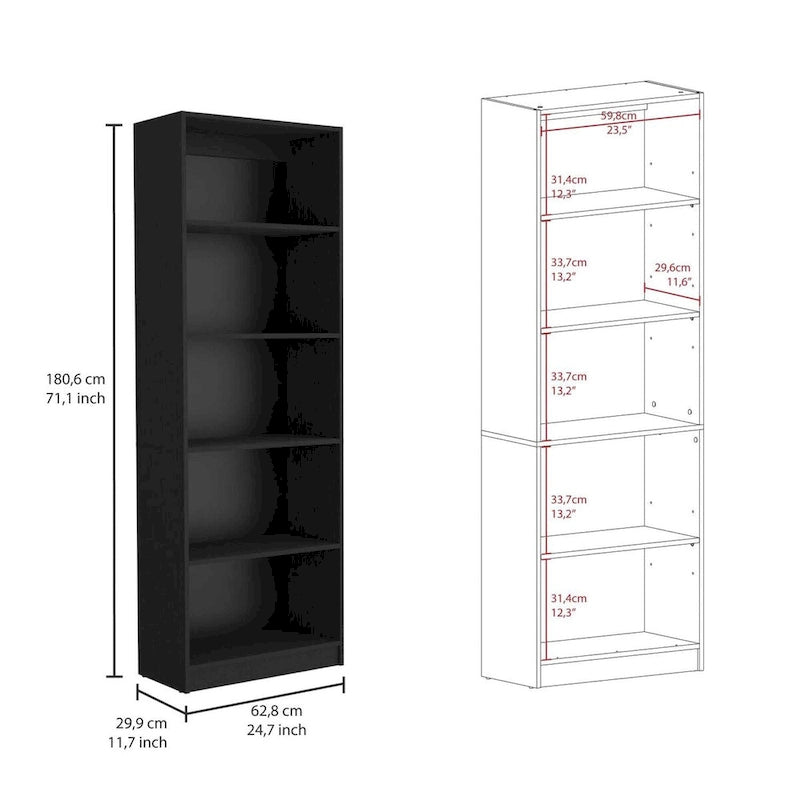 Black Four-Tier Bookcase with Lower Storage Shelf in Engineered Wood