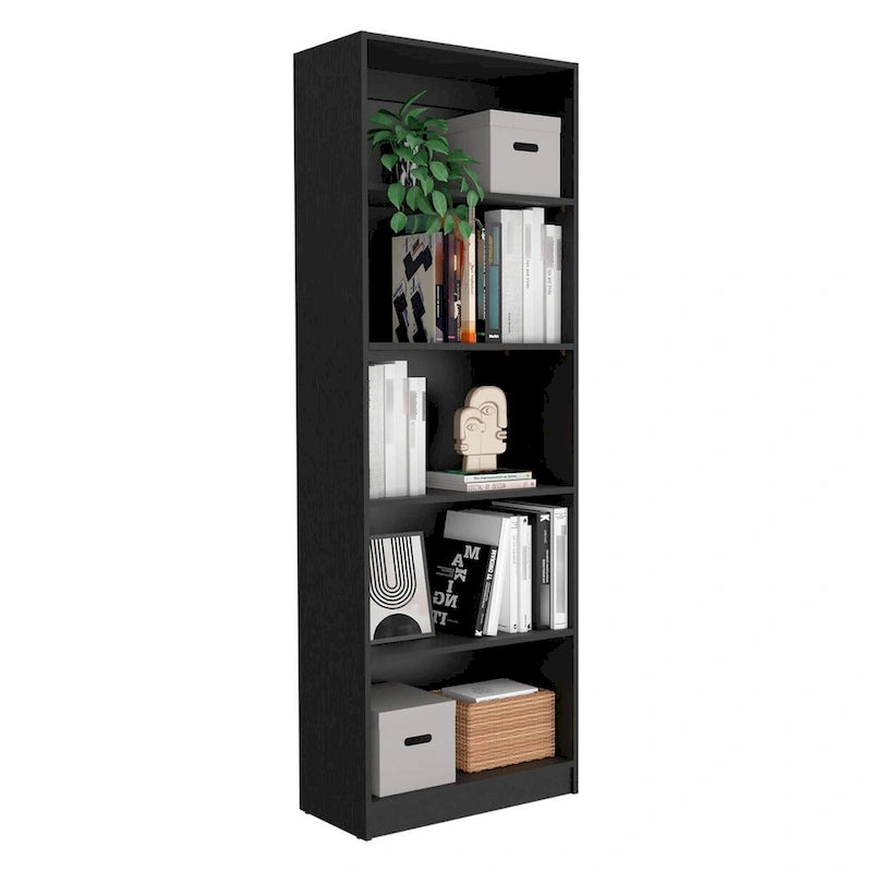 Black Four-Tier Bookcase with Lower Storage Shelf in Engineered Wood