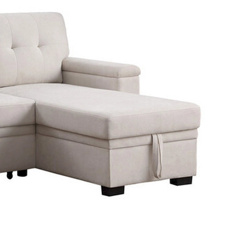 Canapé-lit en tissu tissé beige avec méridienne réversible et rangement