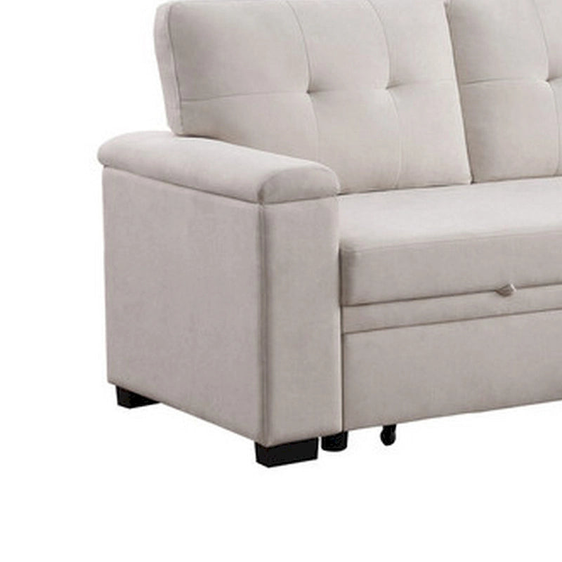 Canapé-lit en tissu tissé beige avec méridienne réversible et rangement