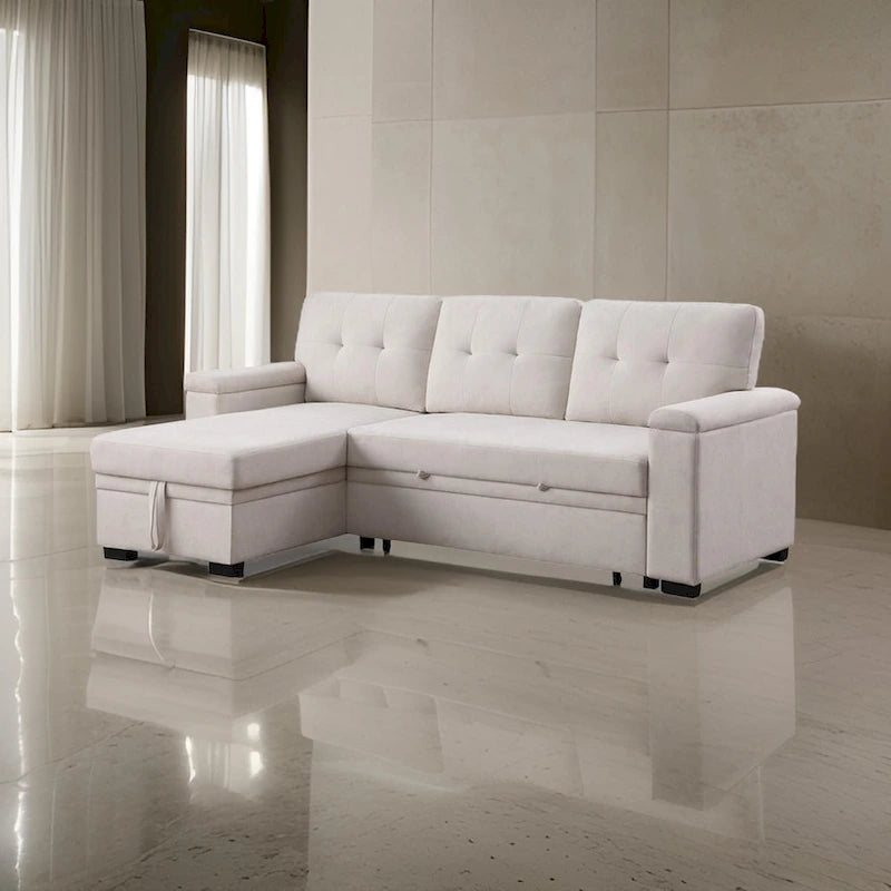 Canapé-lit en tissu tissé beige avec méridienne réversible et rangement